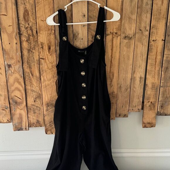 ASOS Linen Button Strap Jumpsuit Size 6 Black Boho Lightweight Pockets Lagenlook - Picture 3 of 16